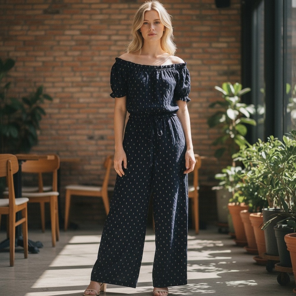 Anthropologie Navy Blue Printed Wide Leg Jumpsuit Off Shoulder Puff Sleeve M